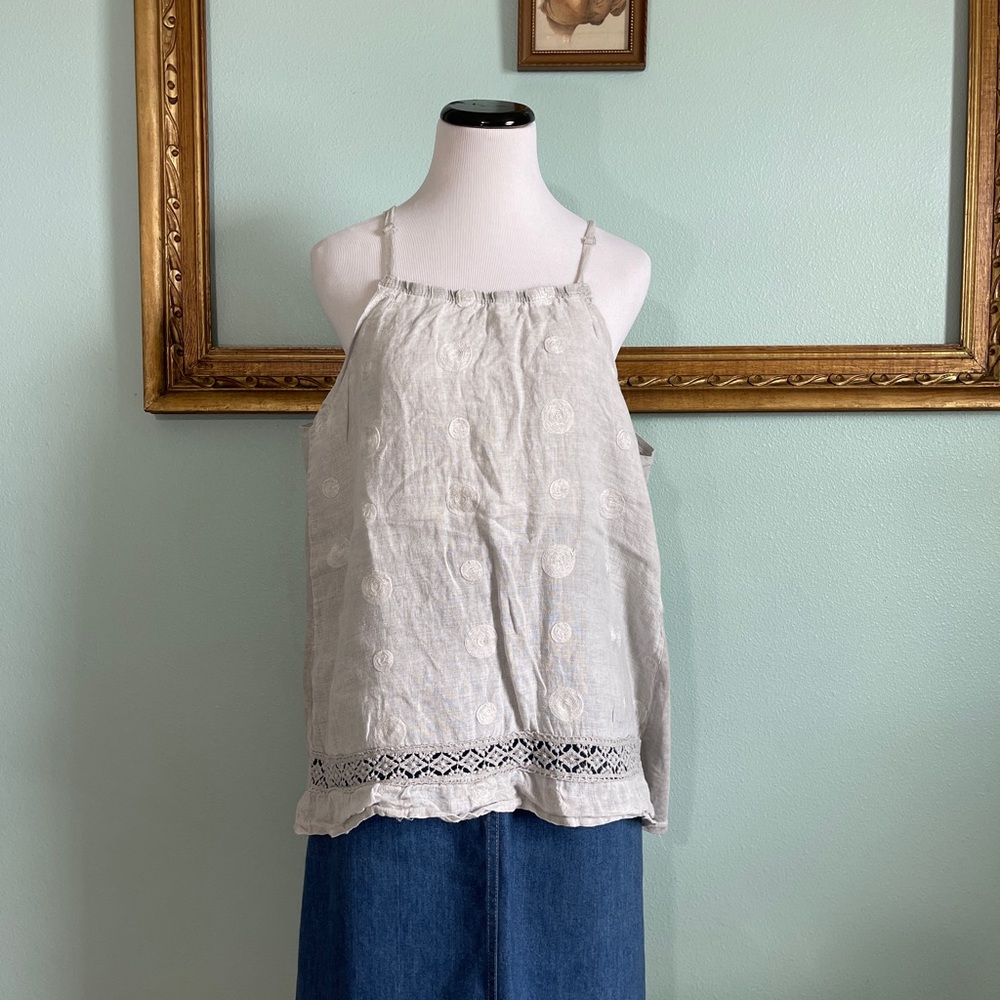 Gray linen and cotton embroidered tank top